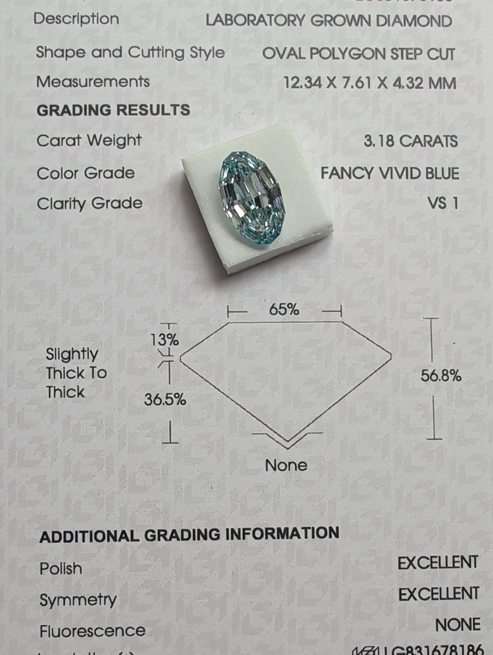 IGI Certified Lab Grown Diamond 3.18ct Oval Polygon Step Cut Fancy Vivid Blue